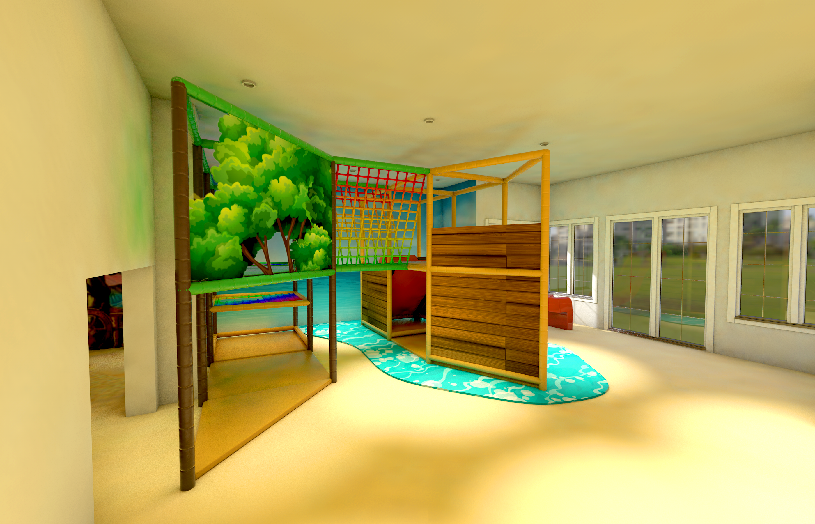 A room design with a slide and play area