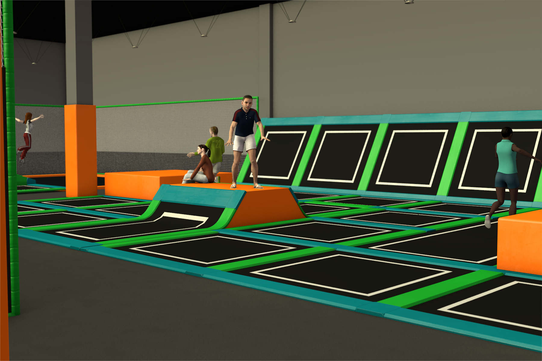 A design showing children jumping on trampolines in an indoor trampoline park.