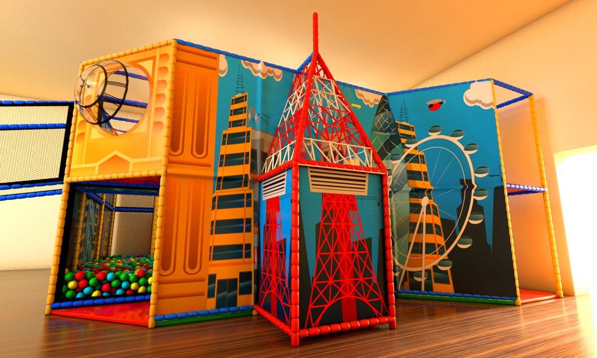 Play area featuring a large tower and a ball pit