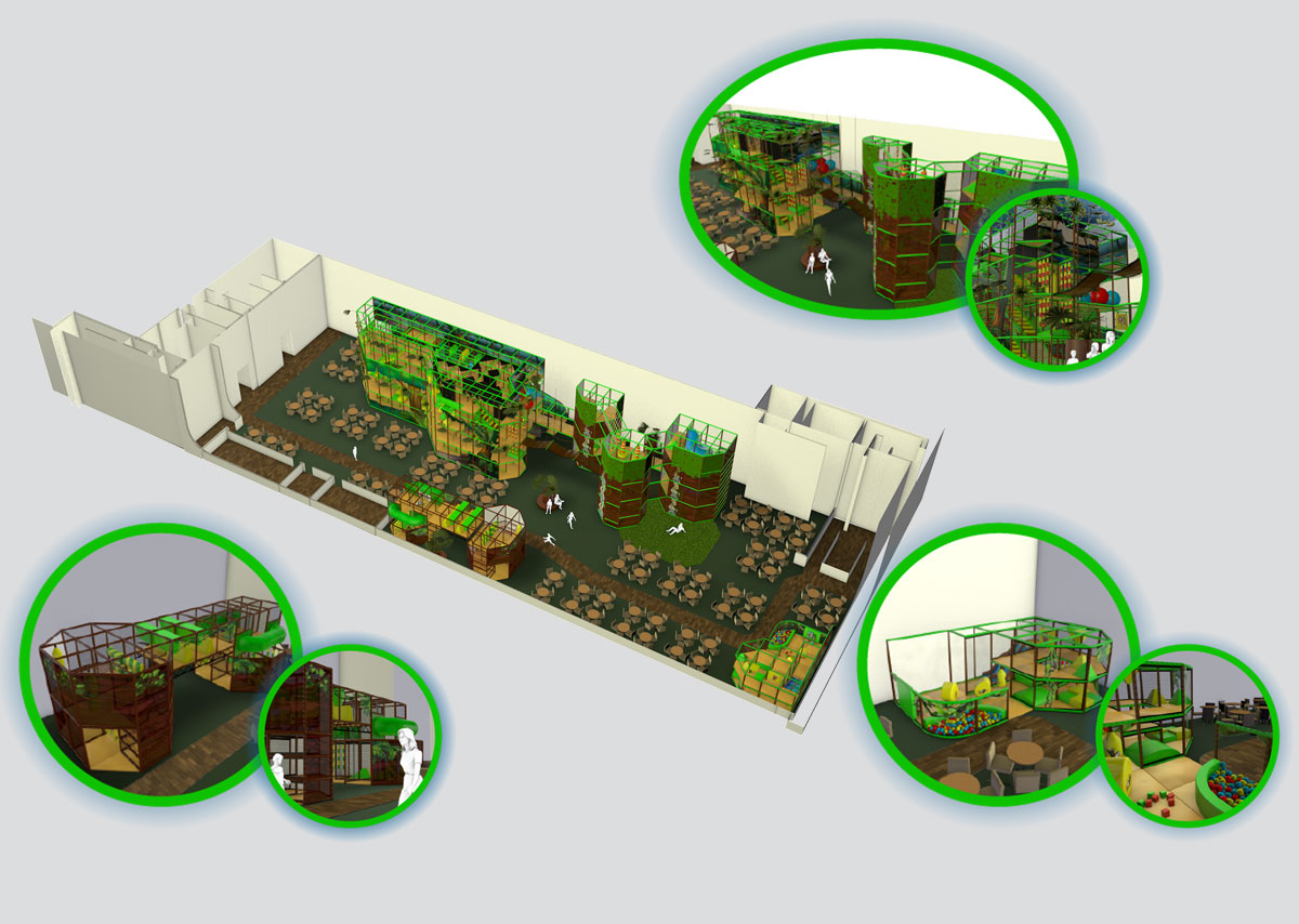 A 3D design of a play area with seating around it