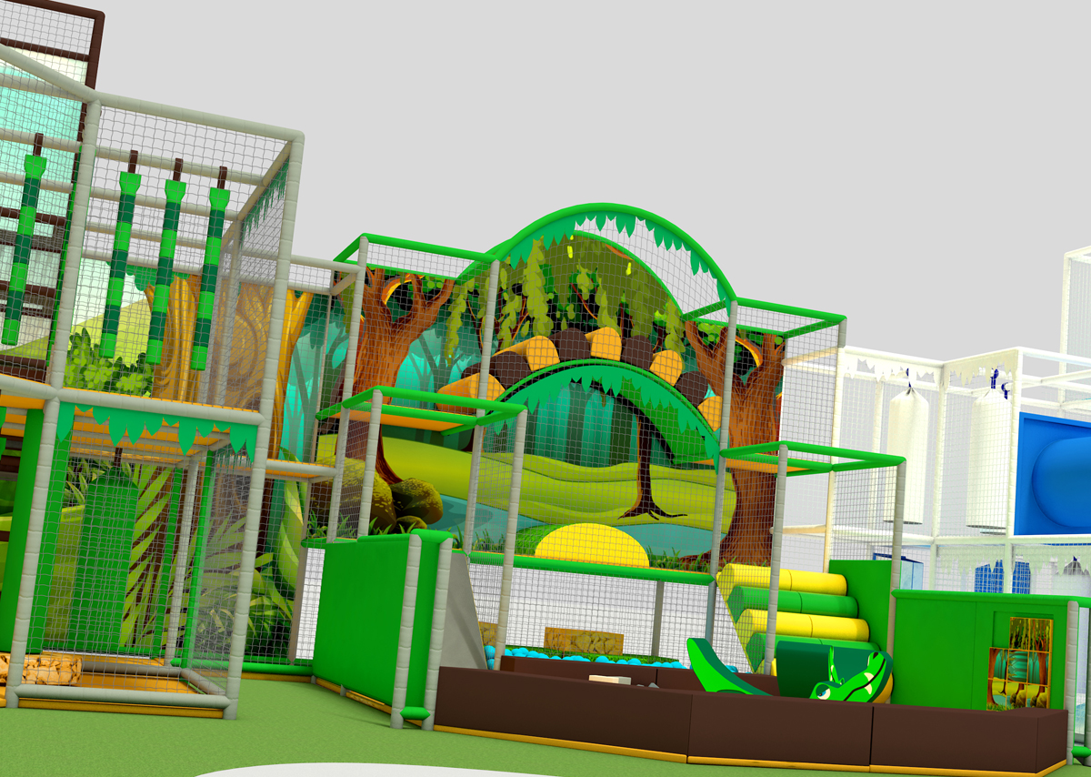 A 3D design of a forest themed play area