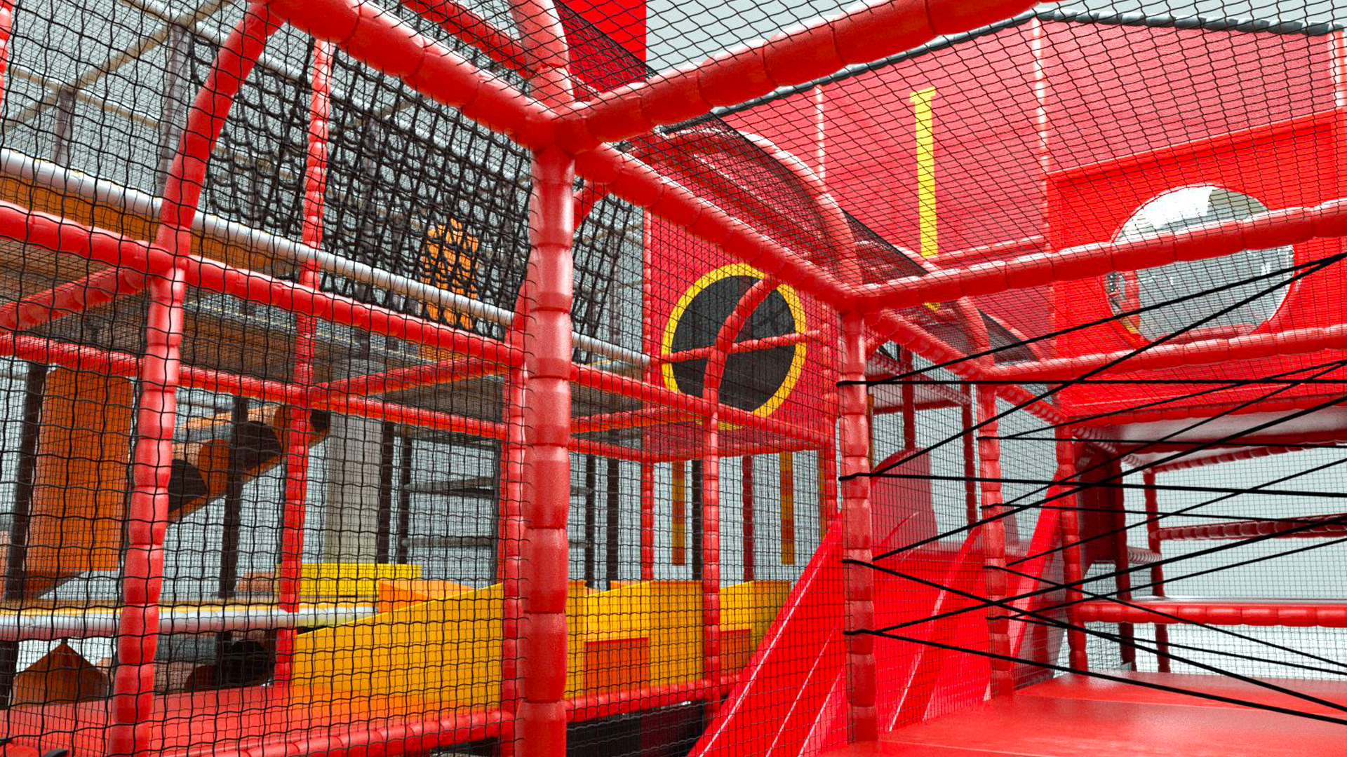 A vibrant red play area featuring a slide and a climbing net, designed for children's fun and exploration.