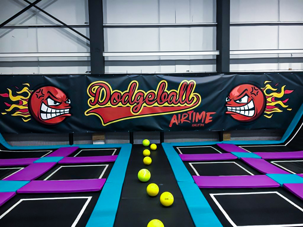 A dodgeball section of a trampoline park