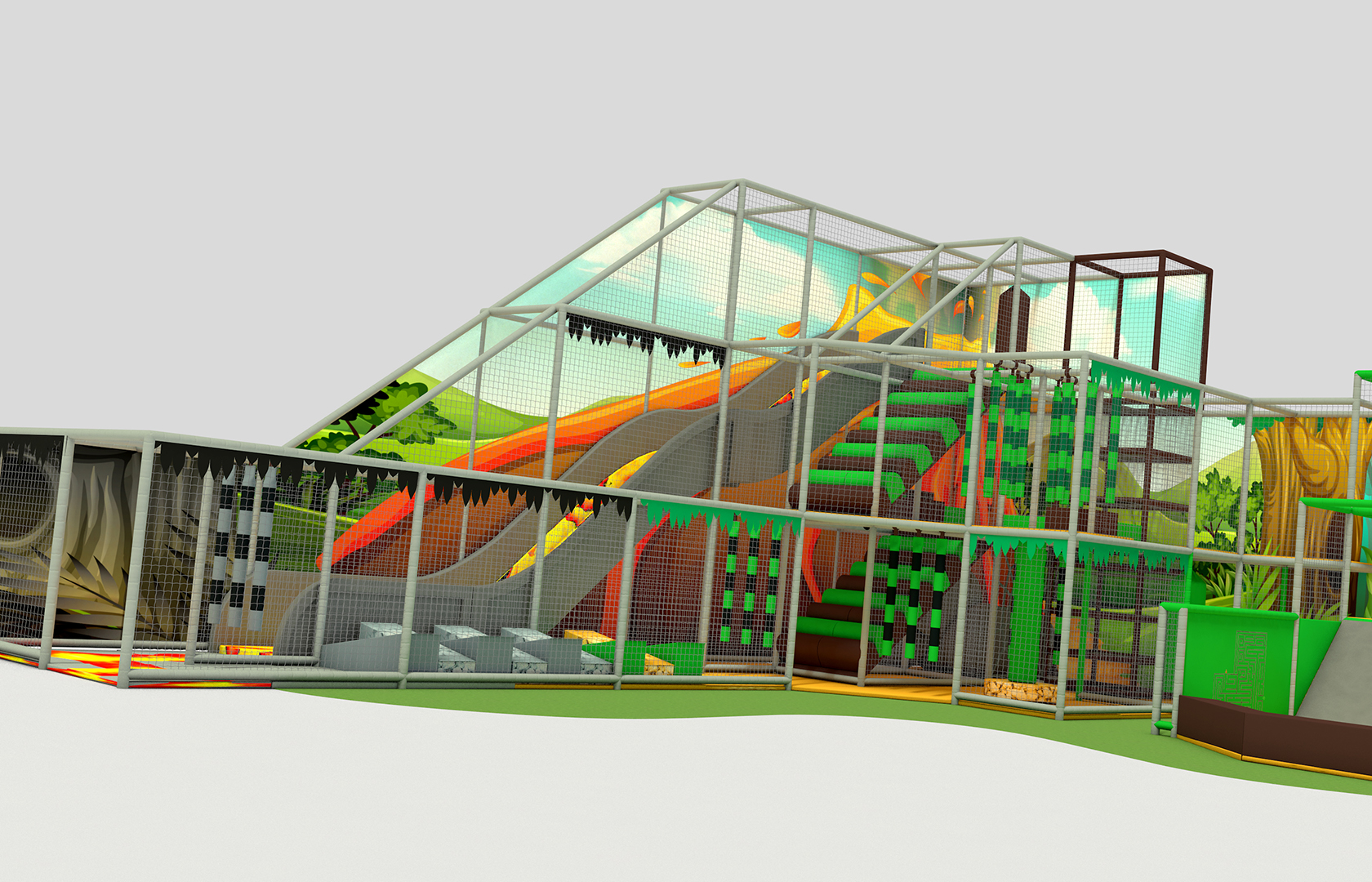 A 3D rendering of an indoor play area with slides, climbing structures, and soft play equipment.