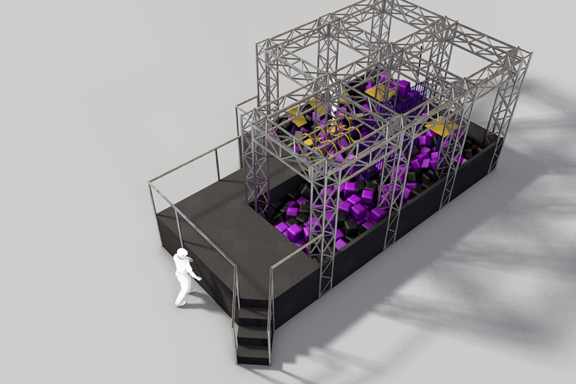 A 3D rendering showing a metallic structure with foam cubes