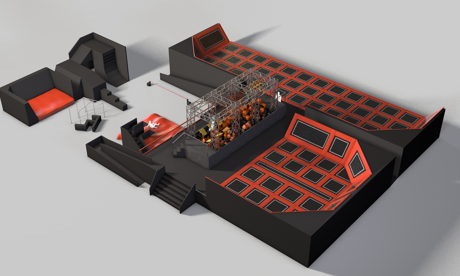 A design plan of an Indoor trampoline park.